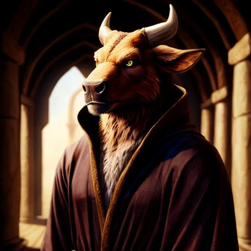 portrait bull wearing brown traveling robes, mage halls background, intricate, photorealistic, highly detailed, 8K, stoic expression, medium-length horns, two-tone fur, brown and white furred body,