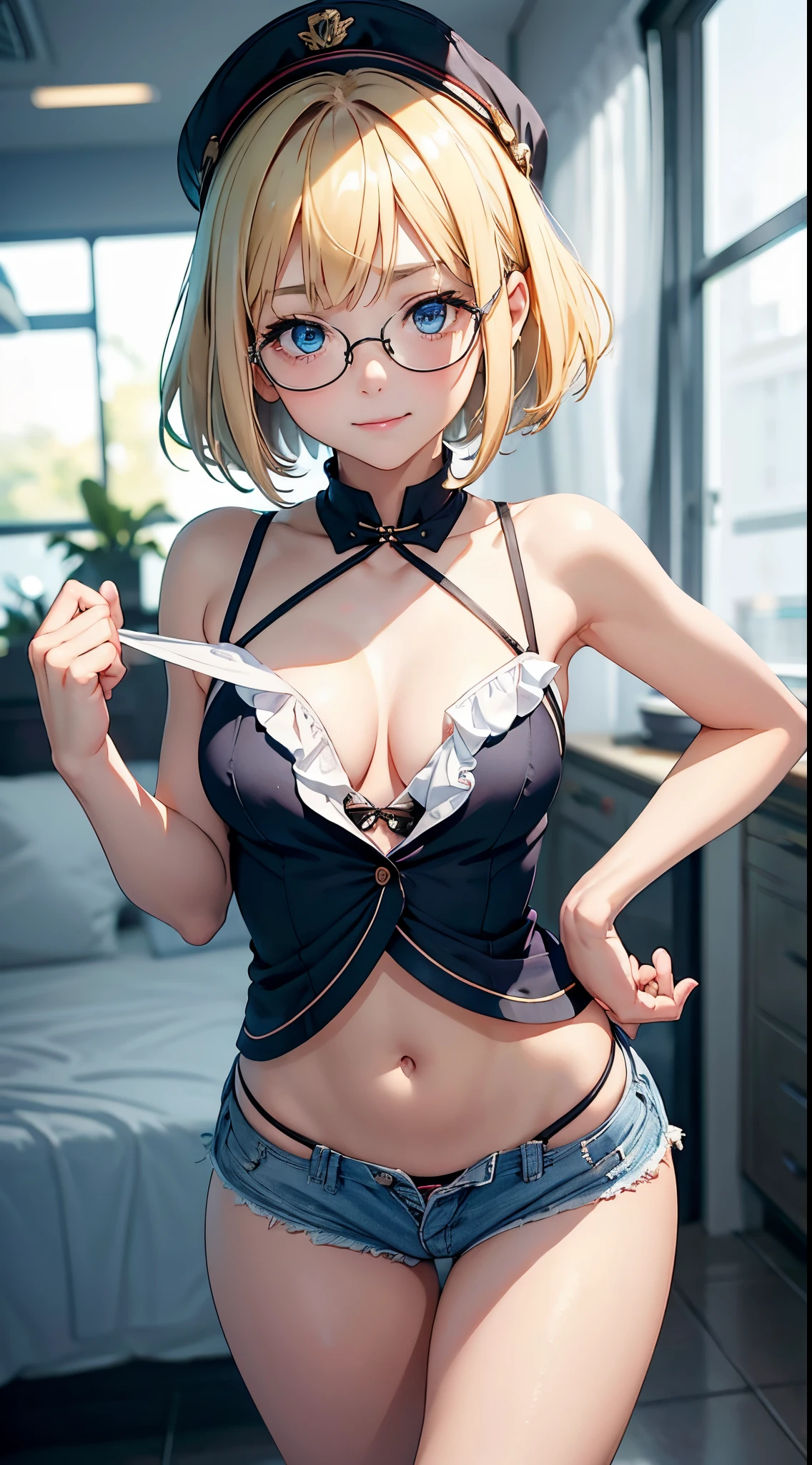 1girl, holding plush, bangs, loli body, 13 year old girl, detailed eyes, blonde hair, short hair, blue eyes, cleavage, sensual mouth, small breasts, ass facing viewer, back on screen, smile, tight, micro shorts 1.6, Ultra HD, 4k image, glasses, character close to the screen, sexy body