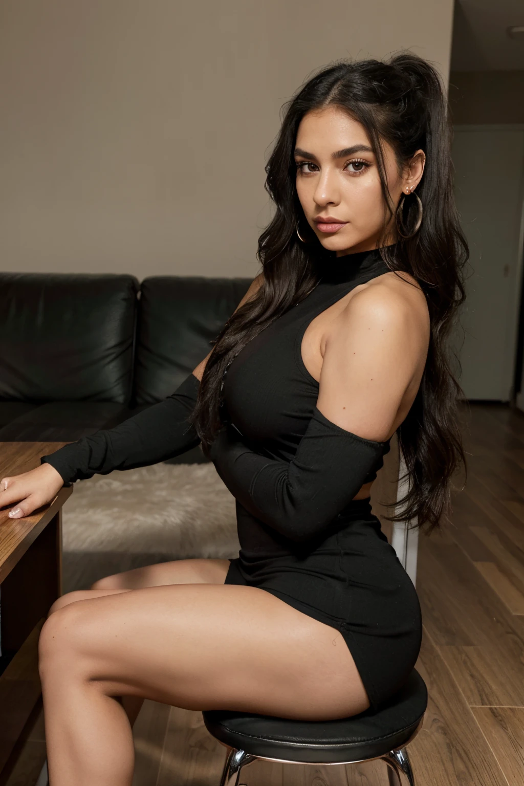 25-year old Mexican-American woman, long wavy black hair in a pony tail, pony tail hair style, big beautiful green eyes, dark eye shadow, dark thick eye brows, left eyebrow piercing, thin nose, nose ring, juicy lips, high cheekbones, wearing earrings, diamond earrings, wearing make up, wearing tight black Scuba Crepe 3/4 Sleeve Split V-Neck Sheath Dress, wearing sexy black high heels, sitting with legs crossed, can see sexy legs, full body shot, super detailed, 8k, intricately maximalist-details, extremely detailed