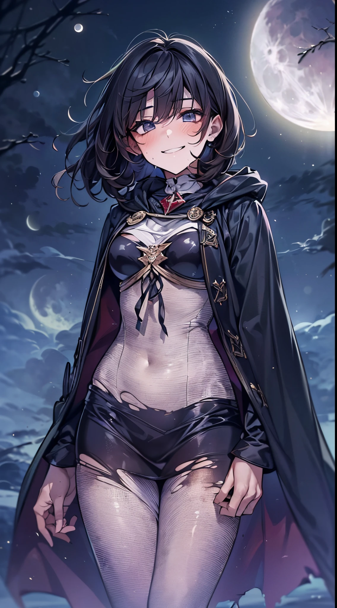 One lady,ar old, ,((())), (()), (())((I'm opening my mouth)),((micro skirt, bodysuit and short cloak))(A smile),Wet with sweat,(A dark-haired,),((Fantasy,Moon Night))((Clothes are torn))