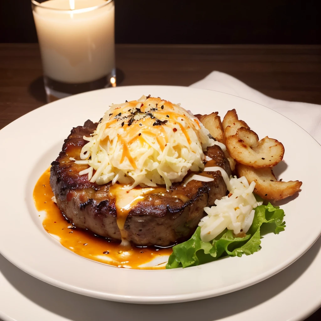 (Best Quality,4K,8K,hight resolution,masutepiece:1.2),Ultra-detailed, (Realistic,Photorealistic,Photorealsitic:1.37),hot々Hamburg steak served on an iron plate,Cheese melting on hamburger steak,A bowl of coleslaw on the side,Romantic restaurant table with candlelight,