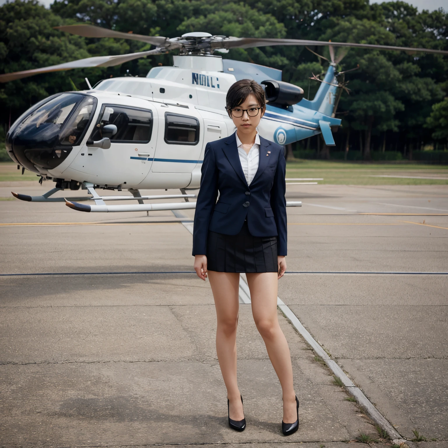 Japanese girl, short cut, round glasses, business suit, tight skirt, air force base, runway, outdoor, helicopter