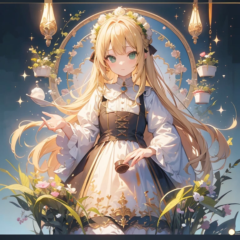 Blonde Long Hair、Hair tip perm、girl with、Green eyes、front facing、Cheek cane、The upper part of the body、Rabbits around、Chocolate House、cute little、House of sweets、