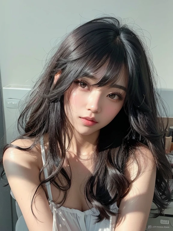 Asian woman with long dark hair and a blue dress, Cabello negro ondulado con flequillo, Ella tiene el pelo negro con flequillo, Pelo largo con flequillo, ulzzang, flequillo y cabello ondulado, Cabello largo con flequillo completo, Cabello largo y oscuro con flequillo, Cabello limpio con flequillo, Cabello largo y negro con flequillo, flequillo esponjoso, flequillo rizado