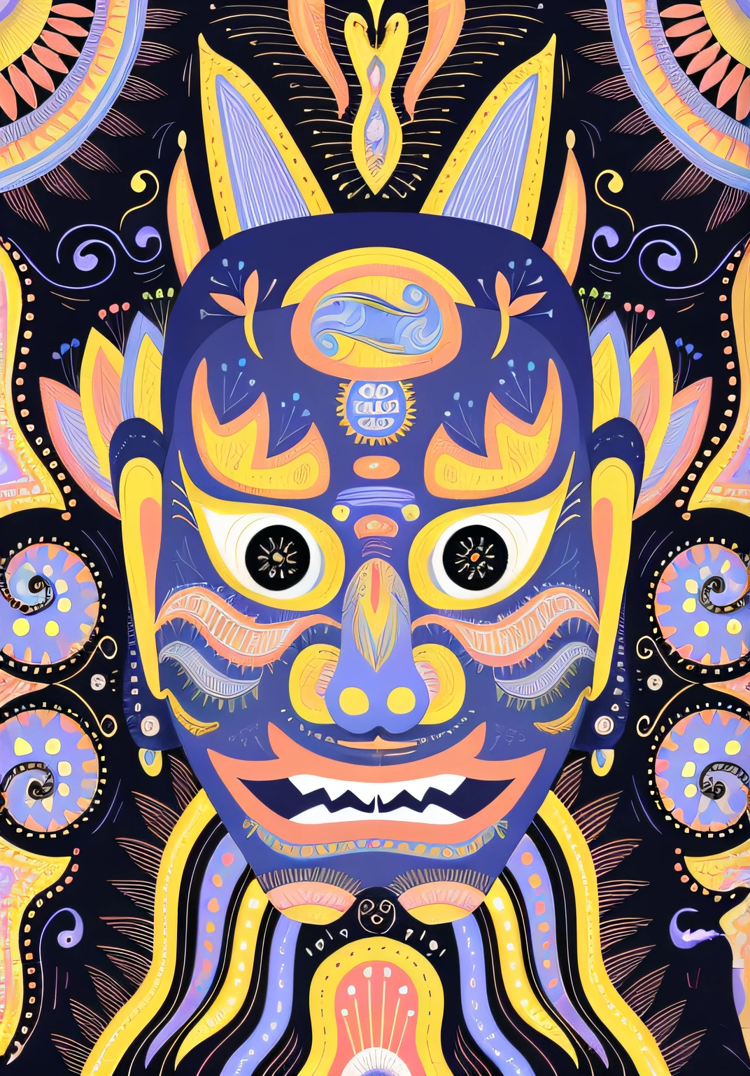Close-up of patterned colorful mask, Psychedelic Laughing Devil, psychedelic illustrations, psychedelic organic shaman, psychedelic shaman, tribal psychedelic, Gorgeous masks, intricate mask, surreal psychedelic design, Ornate masks and fabrics, tribal mask, Psychedelic DMT, Detailed mask, Psychedelic art style, Retro psychedelic illustration, detailed digital illustration, Detailed face with mask, psychedelic style