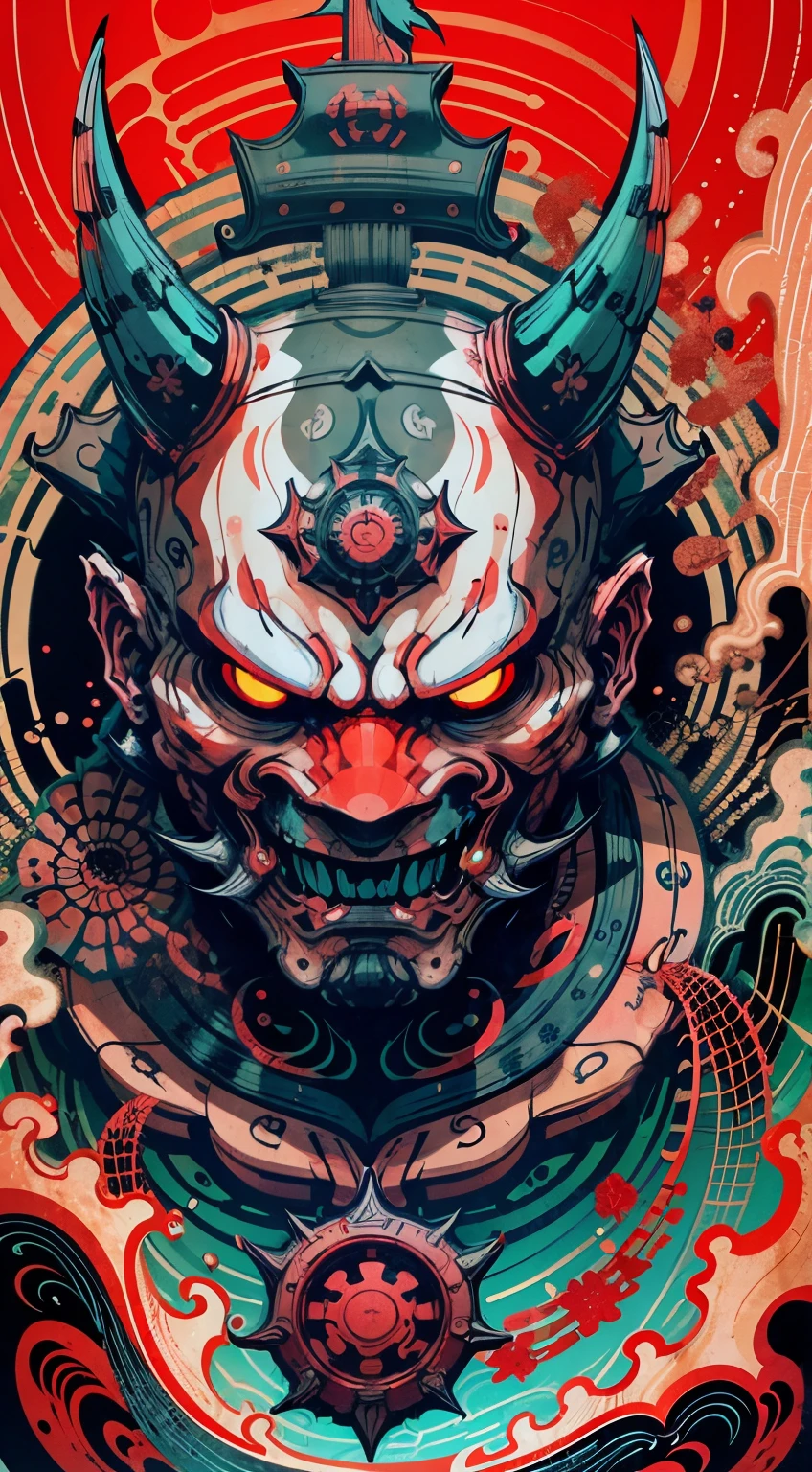 Hannya mask style 0mib, Illustrator, master-piece, high quailty, 8k, high resolutions, highdetailed, gentleman, high contrast, symmetrical. water wave background,