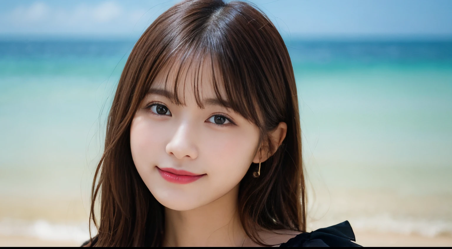 masutepiece, Best Quality, Illustration, Ultra-detailed, finely detail, hight resolution, 8K Wallpaper, Perfect dynamic composition, Beautiful detailed eyes, she is wearing a black dress,Medium Hair,Natural Color Lip, Correct posture,Smile,Harajuku、20 years girl、Cute、Straighten your back and look at the camera、C Cup、Brown hair、caste-like face、Blurred private beach background