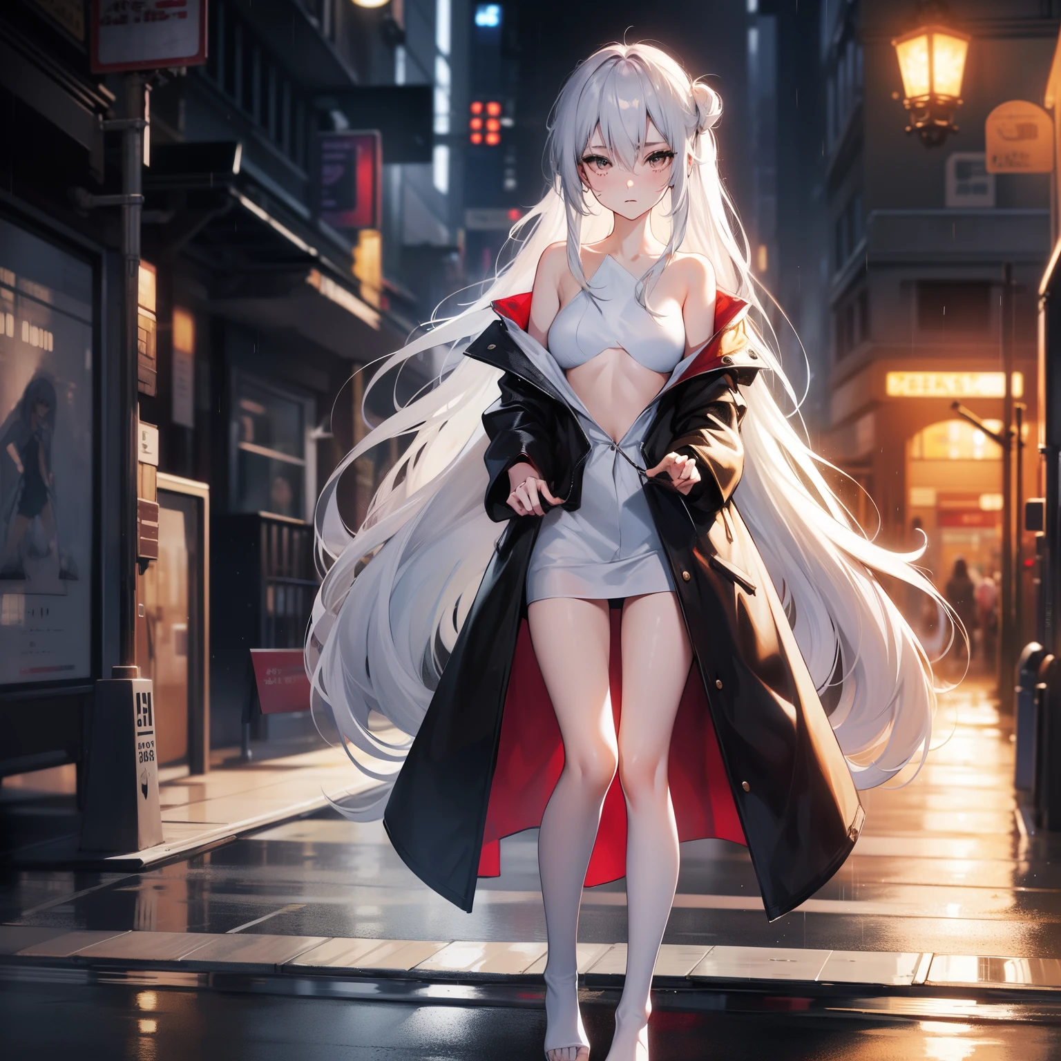 Rainy days,the street,a beauty girl,bareness,Tall and tall,Flushed complexion,bareness,Naked,Half-dressed,whaite hair,dual horsetail,Tsundere,Shy,huge tit,Bend your legs,Be red in the face,Cover your lower body with your hands,8K,A high resolution,A masterpiece