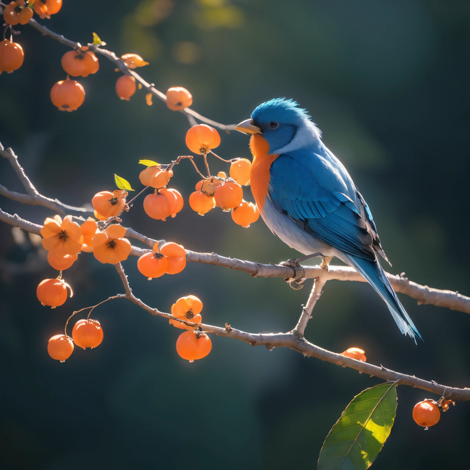 (masterpiece, best quality, highres, ultra-detailed, realistic:1.37), vibrant colors, soft lighting, oil painting, bird, wintersweet trees, blue and orange plumage, cold morning, dawn here is a high quality、Lots of detail, Realistic design, Paintings with rich oil painting effect,describes a beautiful bird。On screen,The cold morning is about to dawn,A bird with blue and orange feathers stands on a plum branch。The light in the picture is soft,vibrant with colors,It gives a feeling of warmth and tranquility。