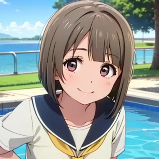 , girl with, a sailor suit,slightly larger udder,Narrow waist, Hairstyle is a bob cut, Poolside background,Smiling face,full bodyesbian,A pose that says “come here”