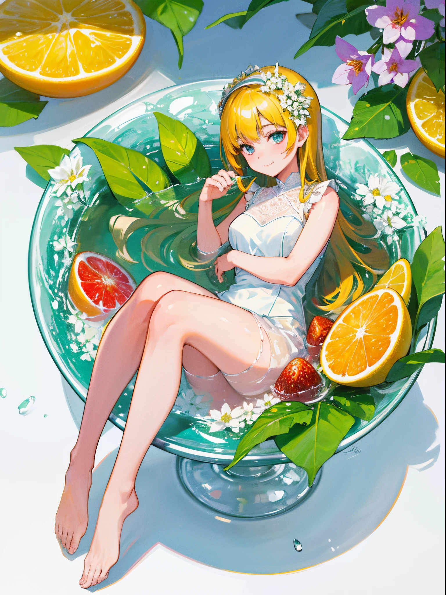 Masterpiece, best quality, high quality, ultra detailed, girl, in glass, sitting, full body, beautiful, ice, flower, fruit, light smile, look at viewer, absurdres, fresh,