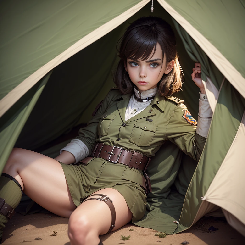 Best image quality, forest, Bonfire, midnight, uniform, army, ""White underwear"", Sad expression, stand, Spread your legs, Rainfall, Black Hair, ""woman"",