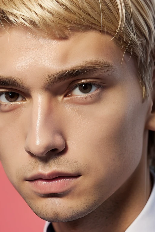 A short-haired blond man has a stern expression on his face.,wearing a suits,Close-up portrait facing the front