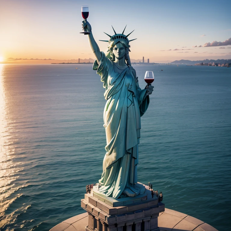 Statue of Liberty holding a glass of wine, sea in the background