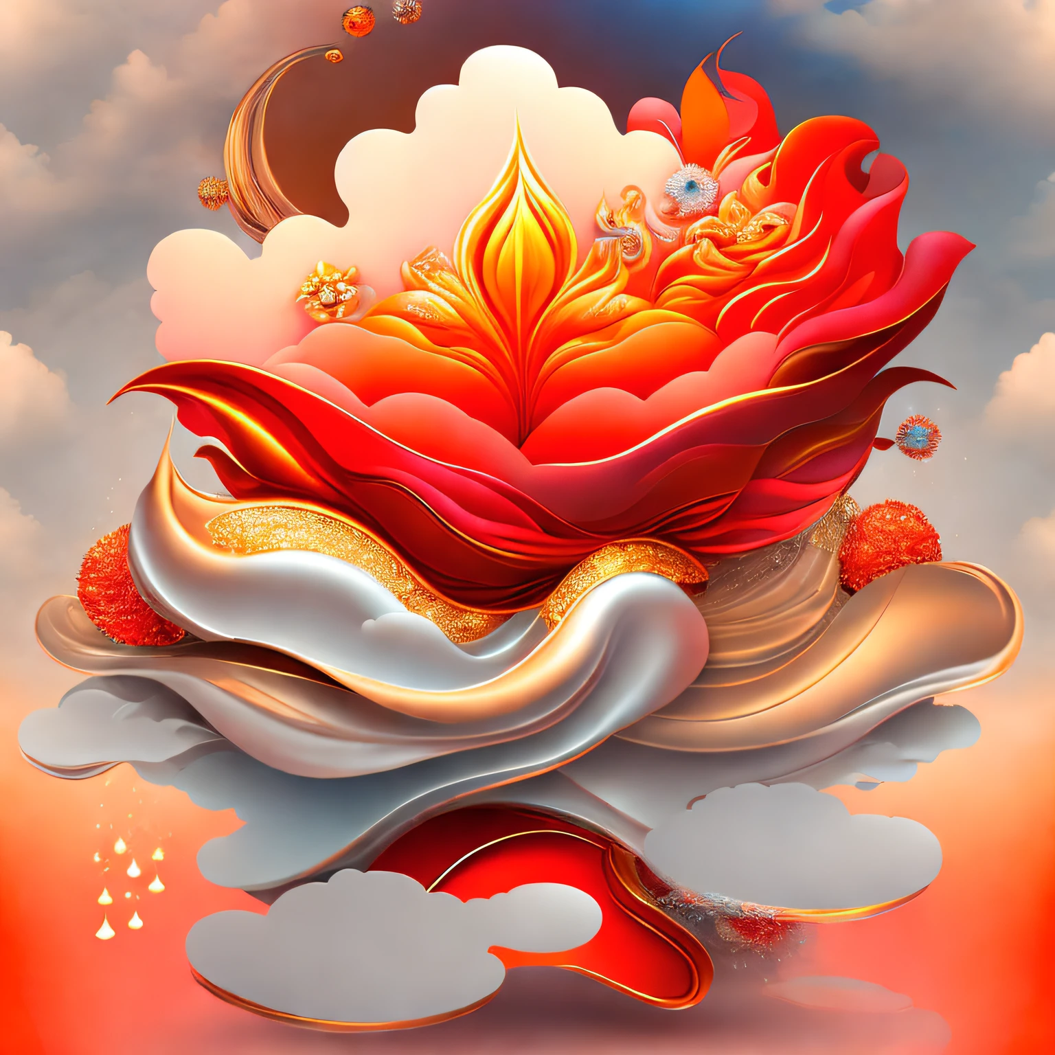 a stylized abstract image sky cloud and flowing water and flowers and DIYA with a lot of different things in it, high details, super ultra quality, orange, red, gold, silver, color