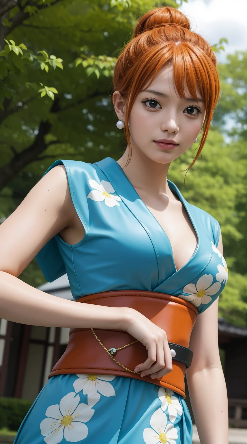 NamiFinal, Nami from the anime One Piece, orange hair, bangs, hair in a bun, beautiful, beautiful woman, perfect body, perfect breasts, wearing a kimono, wearing earrings, wearing a watch, in the park, cherry tree, traditional house japan, looking at viewer, slight smile, realism, masterpiece, textured leather, super detail, high detail, high quality, best quality, 1080p, 16k