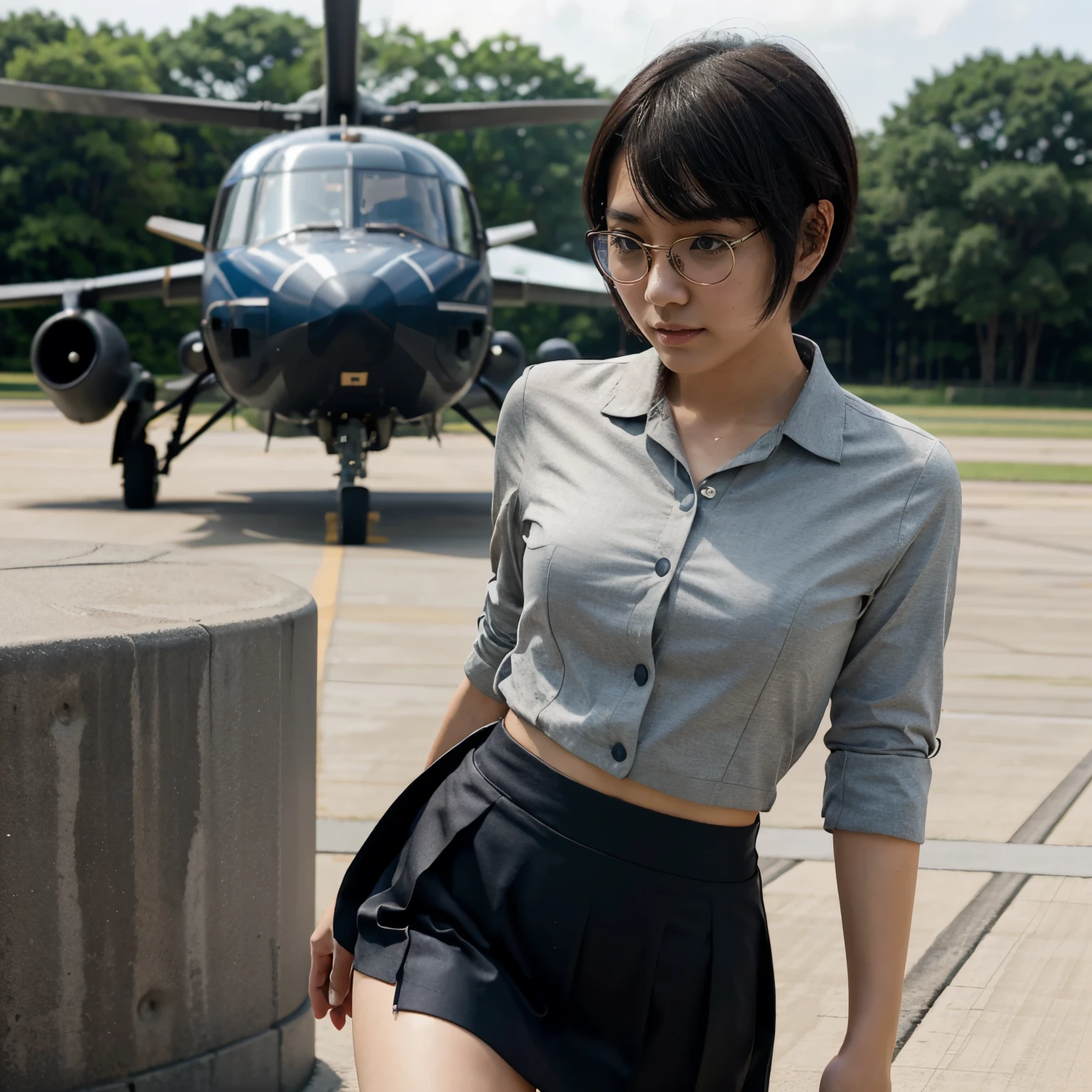 Japanese girl, short cut, round glasses, business suit, tight skirt, air force base, runway, outdoor, transport plane