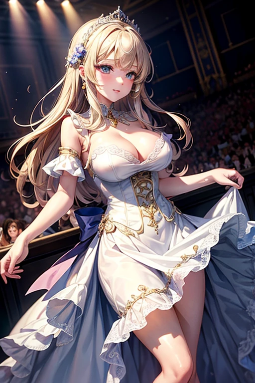 masterpiece:1.4, best quality:1.4, 8K animation,  beautiful sexual 変態な princess, gorgeous crinoline ball gown dress, on concert stage, Lift the skirt to show the pussy, off shoulders, big breasts