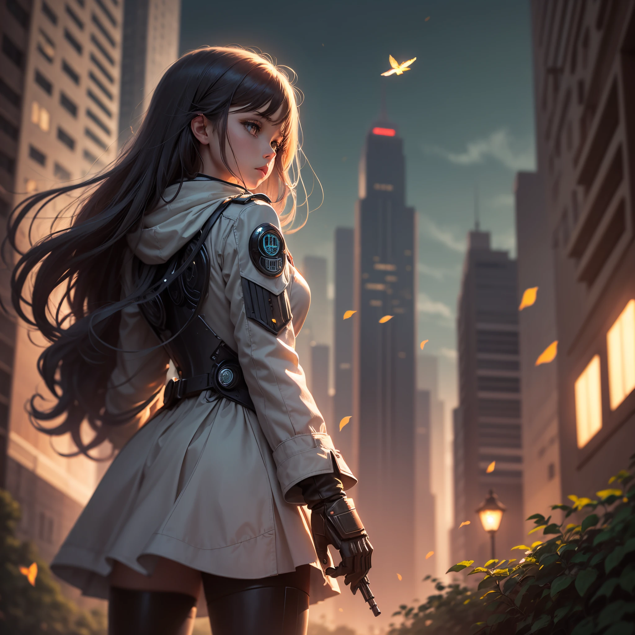 evening dark city background, windy, robots flying around, some trees blurred, scattered leaves , a girl standing head down laying her guard down, dreamscape --auto --s2