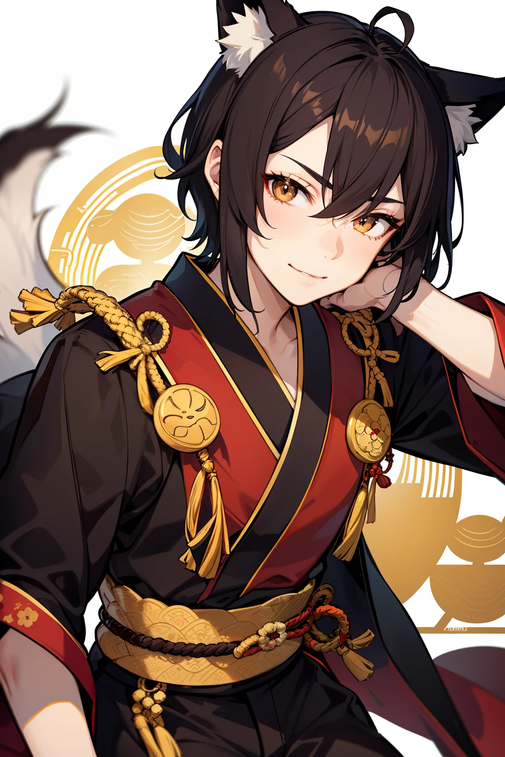 (high-quality, breathtaking),(expressive eyes, perfect face), 1boy, male, solo, young adult, black hair , gold coloured eyes, gentle smile, short hair, loose hair, hair between eyes, japanese clothing, red shirt with a gold and black trim, black pants, brown belt, black fox ears on top of his head, wears a japanese fox mask on the side of his head, patterns on kimono, masculine face, hair hides ears