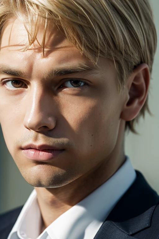 A short-haired blond man has a stern expression on his face.,wearing a suits,Close-up portrait facing the front