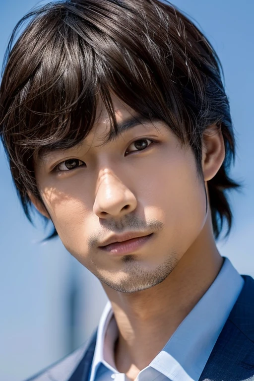 Portrait of a handsome Japanese man 25 years old round face movie look, short hair, Above the chest, suits, upper body