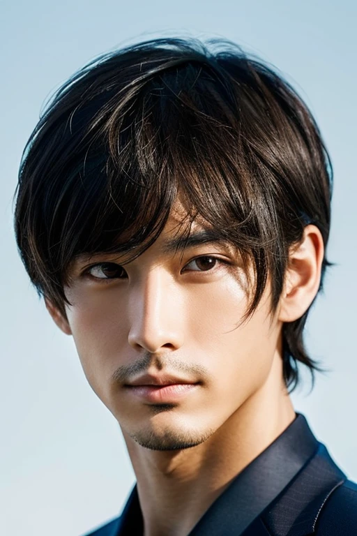 Close-up front portrait of a handsome Japanese man looking slightly upwards,suits,Bangs are down