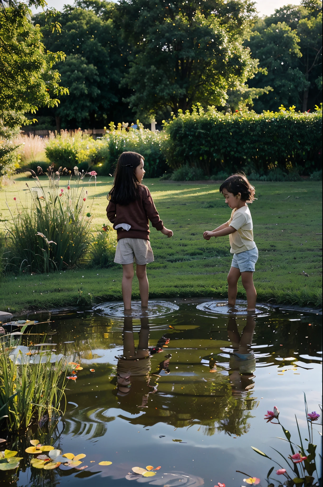 children's，Playing in the pond