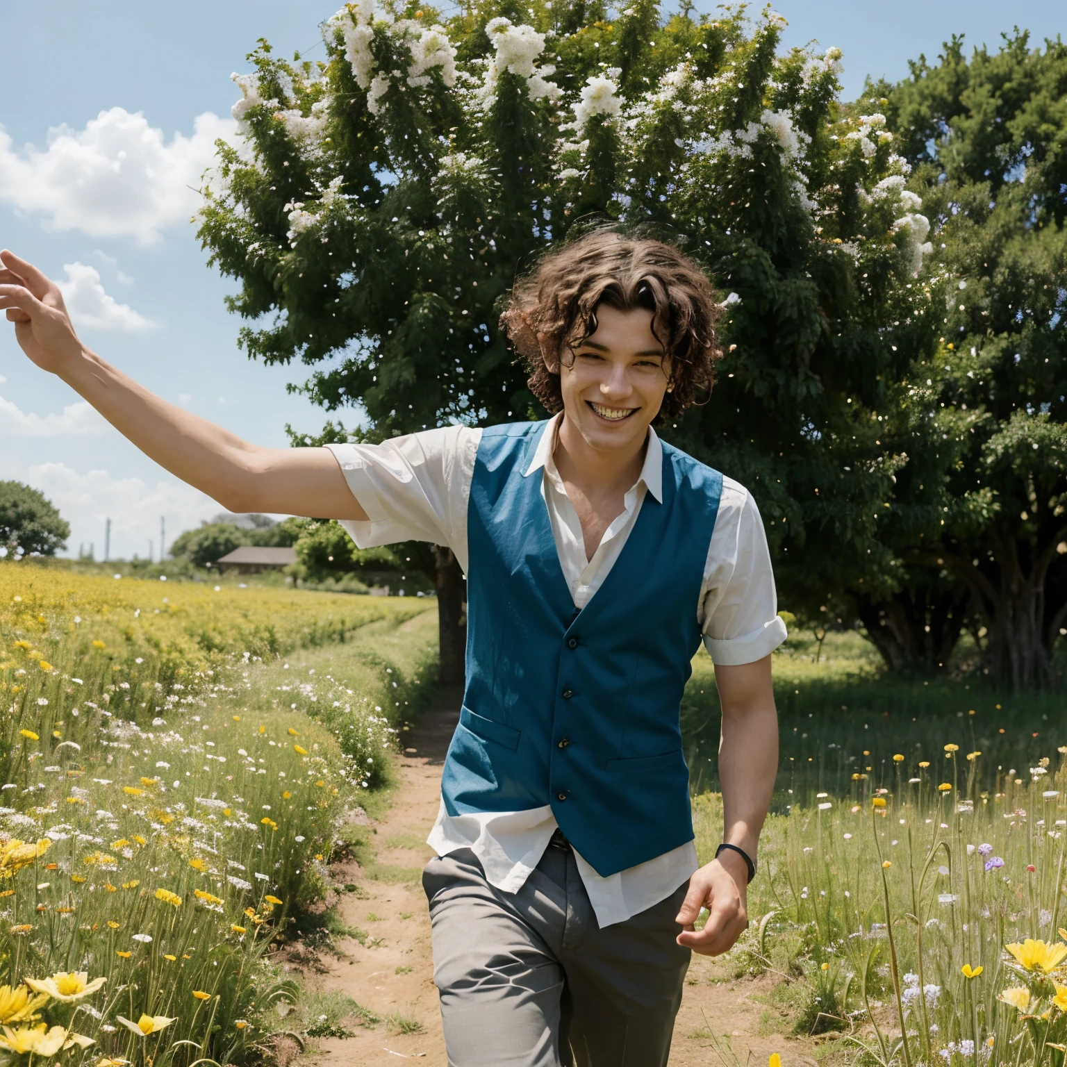 generate an image of a tall boy with curly hair and ryomen sukuna frolicking through a flower field