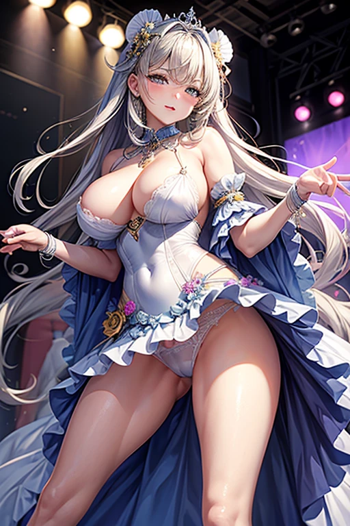 masterpiece:1.4, best quality:1.4, 8K animation, nsfw, sex, {{a sex toy ディルド resembling male penis is inserted in her vagina}}, beautiful sexual 変態な princess, gorgeous crinoline ball gown dress, on concert stage, Lift the skirt to show the pussy, off shoulders, big breasts