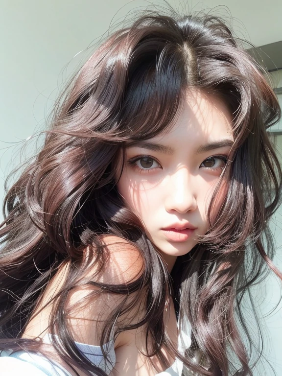 Hay una mujer con el pelo largo y una camisa blanca, ulzzang, Asian girl with long hair, Sakimichan, con el pelo largo, con cabello largo y ojos penetrantes, Ojos grandes y cabello largo y suelto, con cara redonda, cara muy bonita, 8k selfie photograph, 🤤 girl portrait, Sha Xi, Cabello ondulado oscuro vibrante, Cara delicada y encantadora