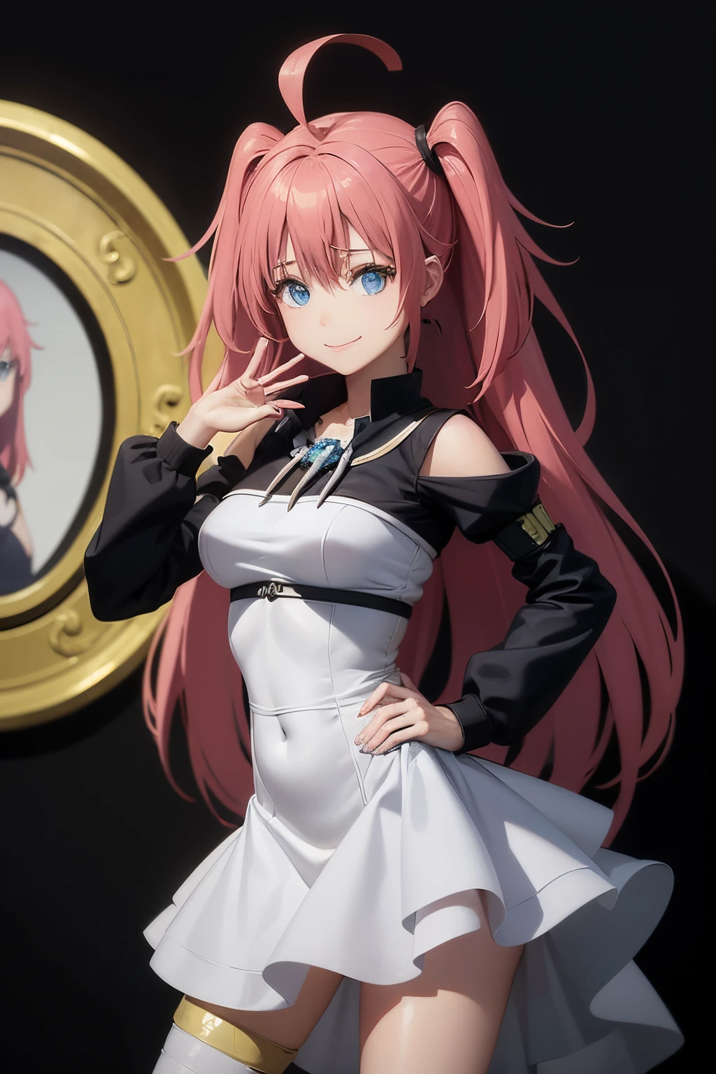 masuter piece, Best Quality, 超A high resolution, top-quality, Anime style, The best lighting, Beautiful face, 女性1人、tensei shitara slime datta ken（((milim nava))), demon king、The body of Mirim Nava's masterpiece、High Quality Bikini Armor、Black Bikini Armor、Accurate Mirim Surface Area、(blue eyes:1.4)、Behold Evil、A pink-haired、Bicordal、Proud double tail、Barefoot, Medium Feet, Super high quality rounded fingers, ultra-detailliert, Rounded nails painted with ultra-elaborate black nail polish、medium breasts⁩、A smile、huge smile、Great Ahogue, fully body photo, muscular belly, in beach, Ultra-detailed and realistic legs, hyperdetailed face, Perfect settings, (((Prepare for battle))), , Beautiful face
