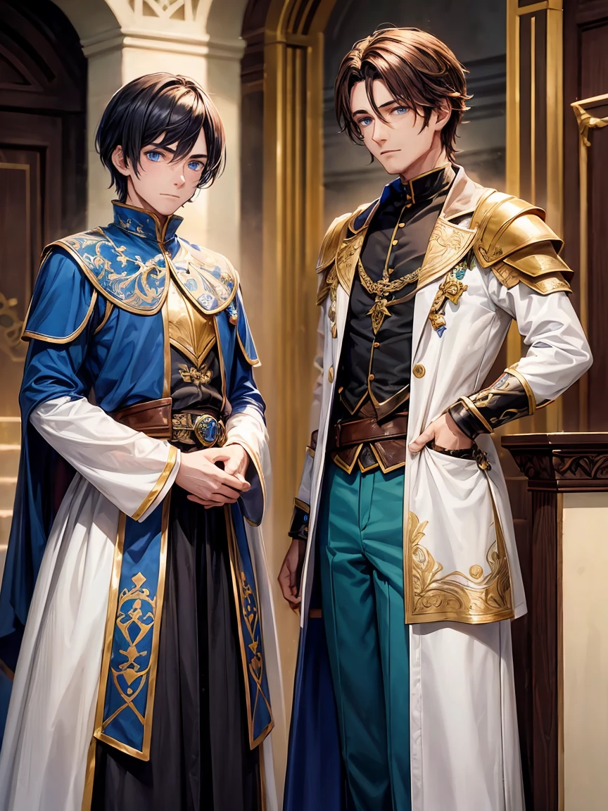A man jester with brown hair, bright blue eyes, dress in blues and whites, standing next to a man Knight with black hair, green eyes, and dressed in armor