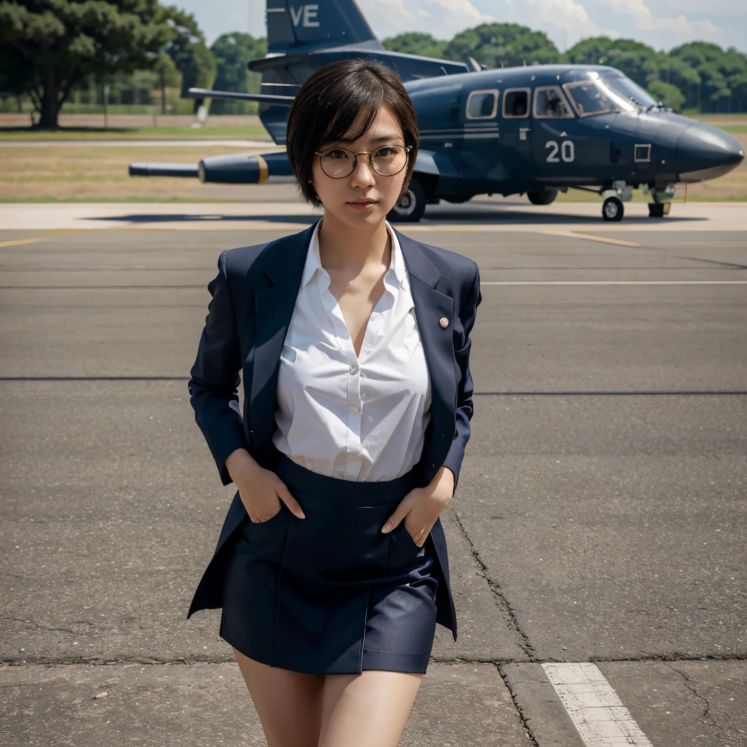 Japanese girl, short cut, round glasses, business suit, tight skirt, air force base, runway, outdoor, transport plane