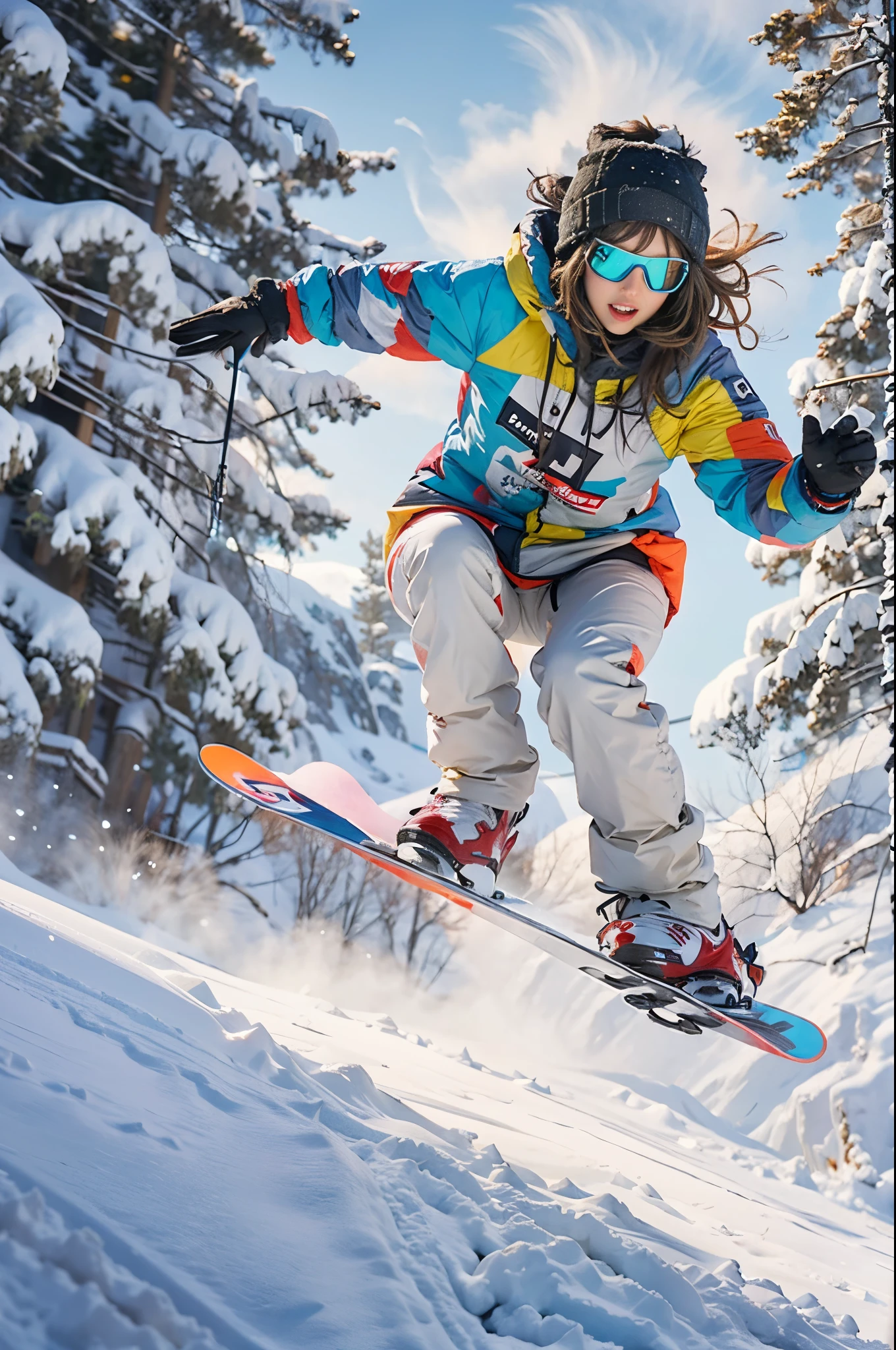 In the midst of the snow-covered terrain, a 28-year-old brunette woman with tousled hair effortlessly carves through the slopes. Clad in chic snowboarding attire, she stands out as she approaches a kicker. Her stylish snowboard is adorned with colorful graphics, adding flair to her already dynamic presence.
As she launches off the kicker, the scene freezes for a moment to capture the details of her Indie Grab trick. Her body twists gracefully in mid-air, one hand reaching down between her legs to grab the toe edge of the snowboard, while her legs execute a stylish spread. The snowy trail she leaves behind highlights the fluidity of her motion, creating a captivating snapshot of skill and style in the thrilling world of snowboarding.