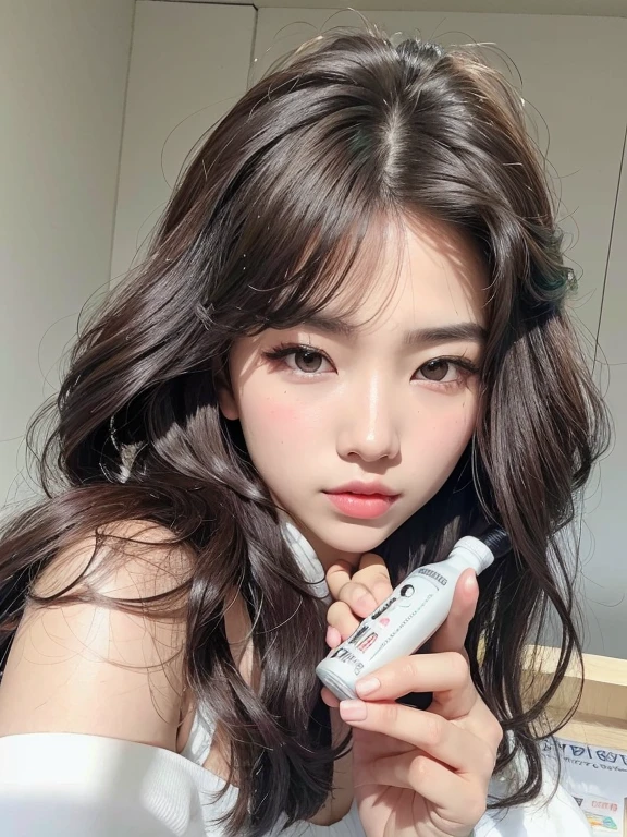 there is a woman holding a bottle of liquid in her hand, maquillaje popular de Corea del Sur, maquillaje coreano popular, ulzzang, Jinyoung Shin, lentes de contacto rojas, Yanjun Chengt, Sakimichan, Chica coreana, Retrato de Jossi de Blackpink, Sha Xi, pale snow white skin, Joven y adorable rostro coreano, piel blanca lechosa, con cara redonda