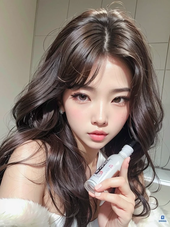 there is a woman holding a bottle of liquid in her hand, maquillaje popular de Corea del Sur, maquillaje coreano popular, ulzzang, Jinyoung Shin, lentes de contacto rojas, Yanjun Chengt, Sakimichan, Chica coreana, Retrato de Jossi de Blackpink, Sha Xi, pale snow white skin, Joven y adorable rostro coreano, piel blanca lechosa, con cara redonda