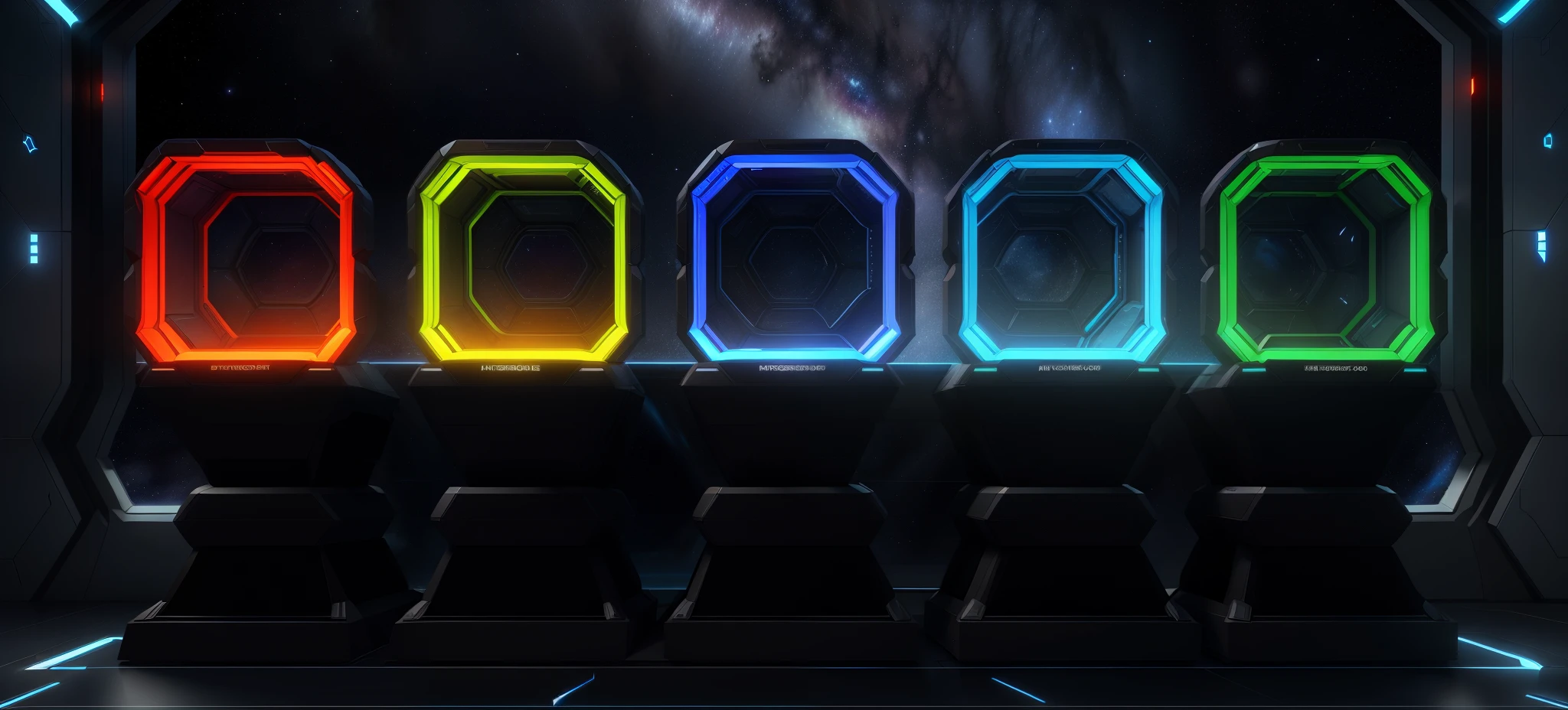 Minimalist space,Minimalist future space station, Futuristic spaceship interior, big glass window,There is a platform,There are five hexagonal boxes,Five mechanical boxes,Machine-like precision,futuristic visual style,Dark reflection,Vision is the universe,Starry Sky Universe,hexagonal container,Hexagon gift box,Hexagonal mecha box,Mecha box,8k high detail concept art,mass effect concept art, futuristic base, Sci-fi space 3D rendering