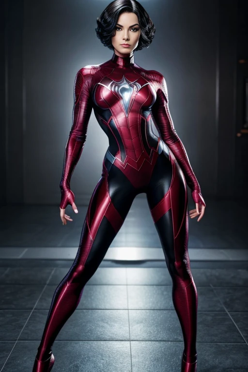 4k highly detailed realistic madame web from marvel comics, black short undercut bob hairstyle, ((sharp Jawline)), (full body Including Legs), Seduction and fantastic poses