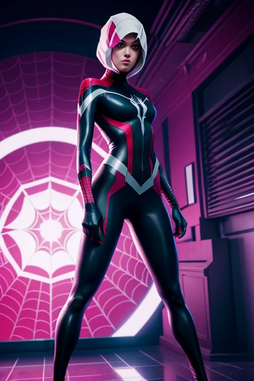4k highly detailed realistic spider gwen from marvel comics, black short undercut bob hairstyle, ((sharp Jawline)), (full body Including Legs), Seduction and fantastic poses