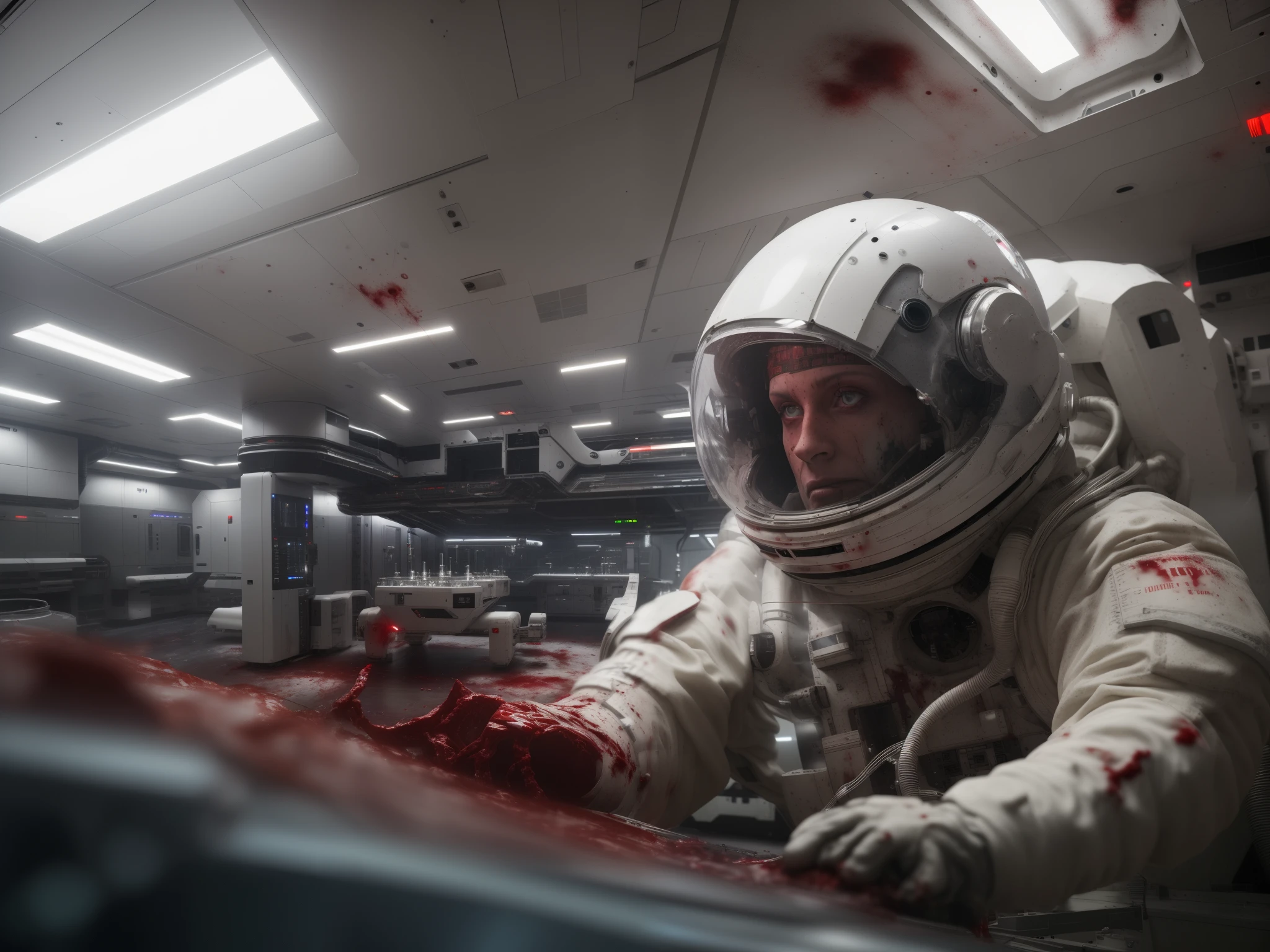a futuristic misty space laboratory interior, surrounded by advanced scientific equipment and cutting-edge technology. The white metallic walls are splattered with blood, lights are emitting a soft white glow.