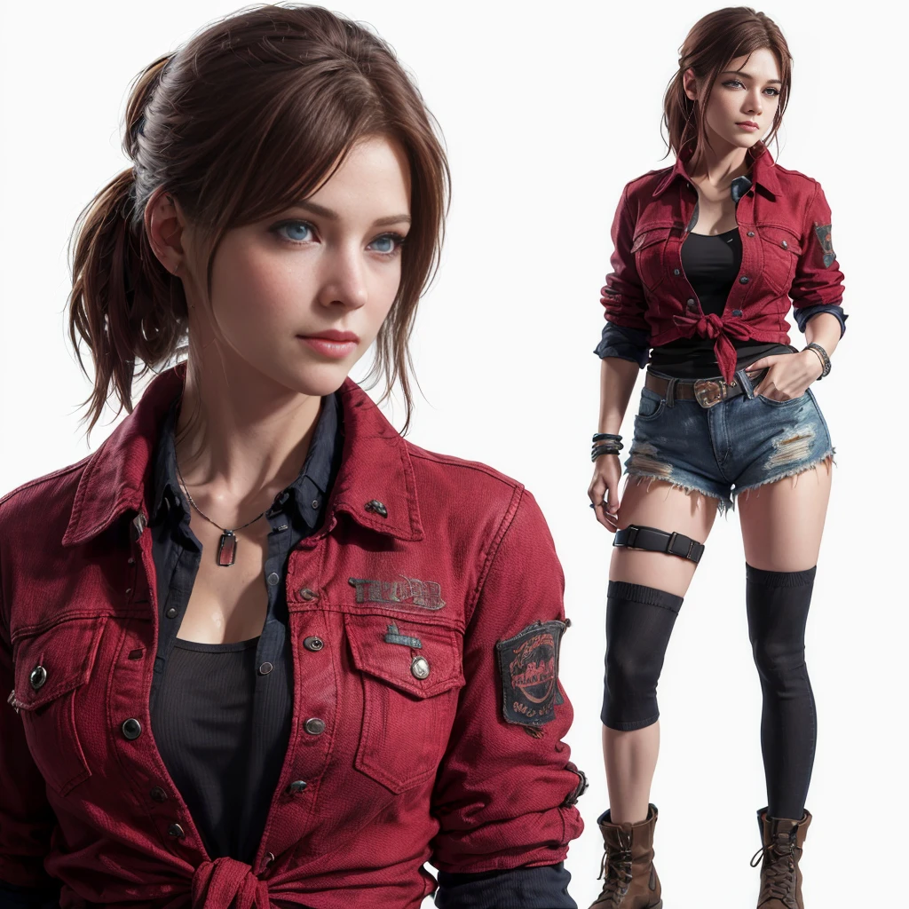 (Claire Redfield:1.1), (perfect facial features:1.1), (belos olhos detalhados, beautiful detailed lips, olhos e rosto extremamente detalhados, long eyelashes), (fotorrealista:1.37), (ultra-detalhado, Realistic), (retrato, horror), (vivid colors), (studio lighting), (tons de cores sutis), (foco nítido), (Bokeh) Textura ultrarrealista