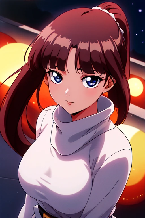 (Night:1.7), Outdoors,Full moon in the sky,dark backgrounds,Starry sky, 
standing at attention,
White turtleneck, White shirt,White long skirt,White belt,
Hair Ornament, hair scrunchie,Low ponytail, 
Long hair,Bangs, Black hair, Blunt bangs,Big blue eyes,
1 girl, 18year old,infp young woman,Beautiful Finger,Beautiful long legs,Beautiful body,Beautiful nose,Beautiful character design, Perfect eyes, Perfect face,Expressive eyes,
Looking at Viewer, In the center of the image,(上半身_Body),(Focus on her face), (Innocent_Big_Eyes:1.0),(light_Smile:0.3),
Official art,the Extremely Detailed CG Unity 8K Wallpapers, Perfect Lighting,Colorful, Bright_front_Face_Lighting,
(masutepiece:1.0),(best_quality:1.0), 超A high resolution,4K,Ultra-detailed,
Photography, 8K, nffsw, hight resolution, absurderes:1.2, Kodak Portra 400, Film grain, Blurry background, Bokeh:1.2, Lens Flare, (Vibrant_Color:1.2)
(Beautiful,breasts:1.4), (Beautiful_Face:1.5),(narrow_waist),Background with:a moon