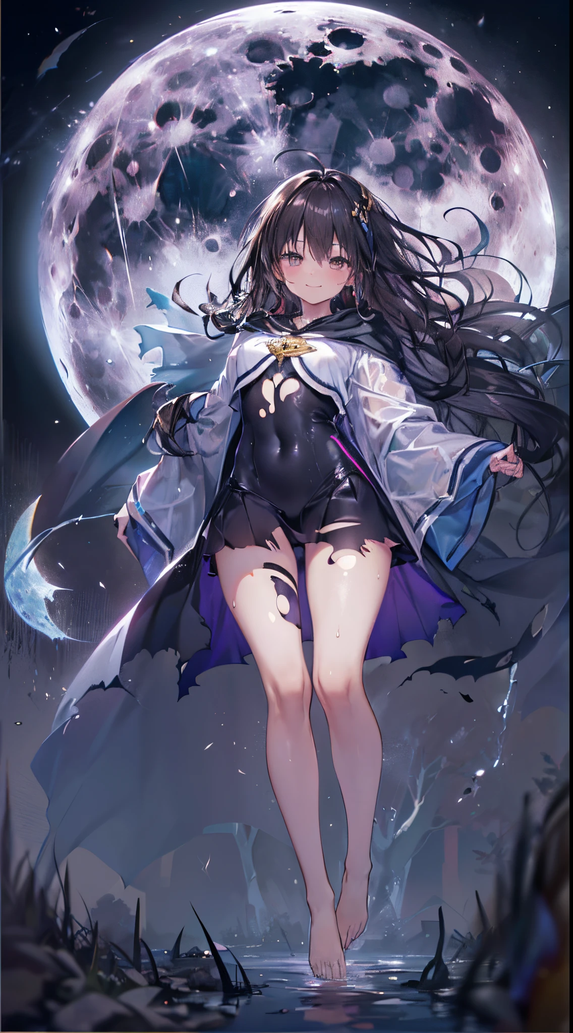 One lady,12year old,(() ,((())), (()), (())((I'm opening my mouth)),((micro skirt, bodysuit and short cloak))(A smile),Wet with sweat,(A dark-haired,),((Fantasy,Moon Night))((Clothes are torn))