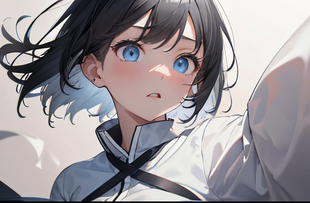 【Highest Quality, masutepiece】 [girl, Manteau, expressioness, skyblue eyes, front facing, Black hair, Slender beauty,straight haired, short hair ,Upper body] (Gray white background:1.5), Surprised,