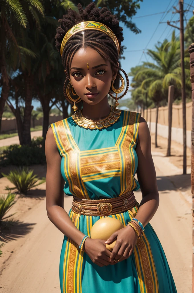 Nubian, Ethiopian, woman, vibrant skin, bright teal dress, dark chocolate skin, light brown eyes, 8k