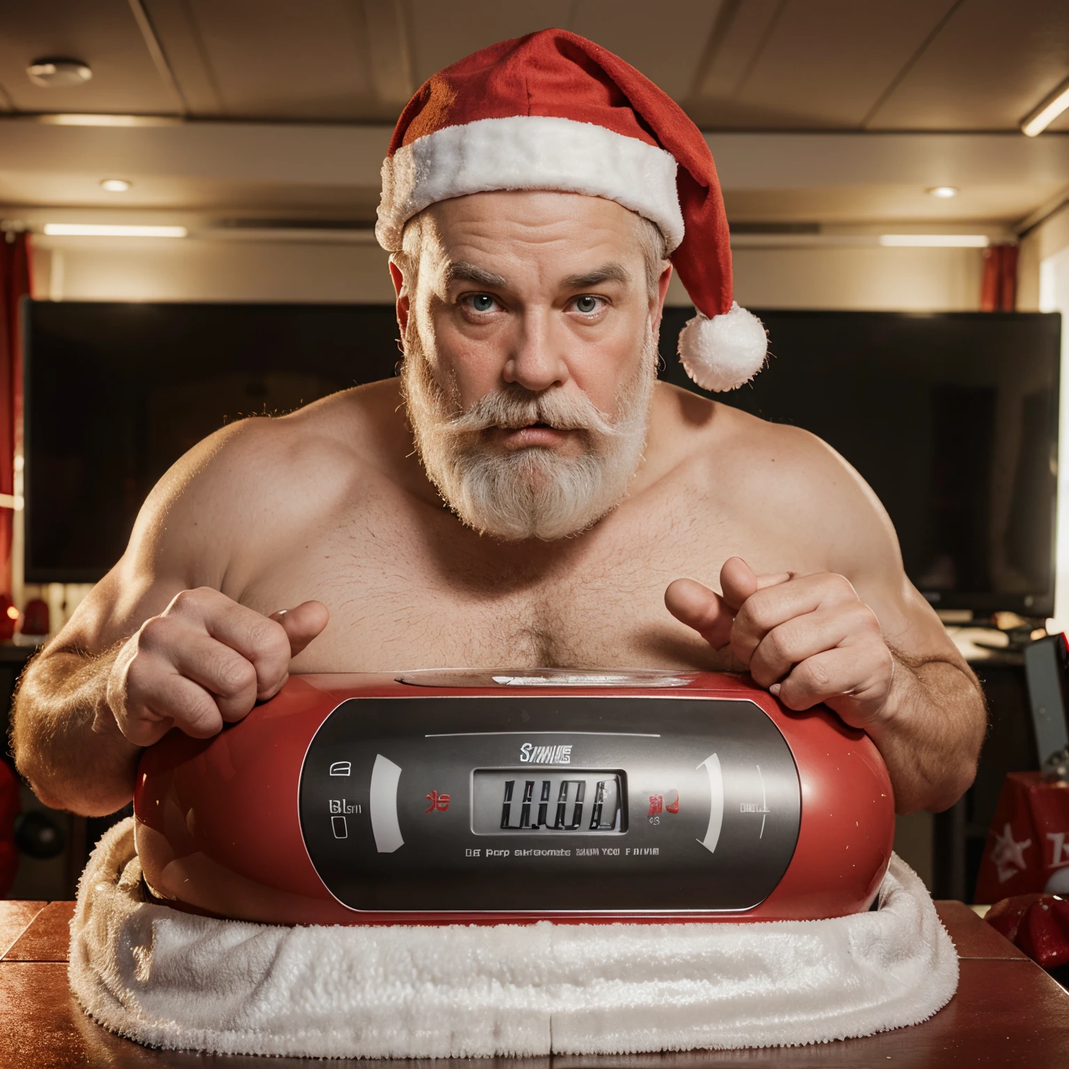 a thumbnail featuring Santa looking surprised on a scale, surrounded by fitness equipment and a diss track microphone. This visual contrast could convey the humor and playfulness of the diss track about Santa’s weight and fitness challenges.