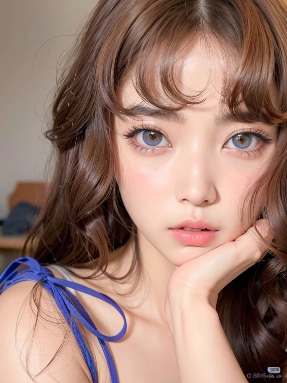 hay una mujer joven con el pelo largo y un vestido azul, 🤤 girl portrait, Sakimichan, 8k selfie photograph, Retrato suave disparado 8K, auburn hair with bangs, brown hair and large eyes, chica linda-fina-cara, ulzzang, Cara sexy con maquillaje completo, dilraba dilmurat, con cara linda - fina -