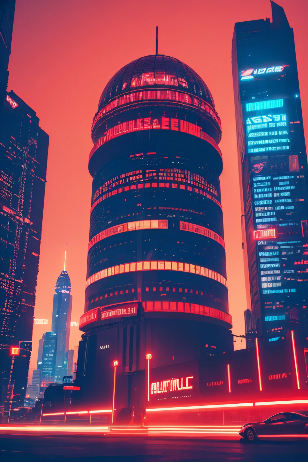 a futuristic digital photo of red skyscraper with a (bright neon-red glass dome), street level-view, dynamic angle, in the style of synthwave, realistic and hyper-detailed renderings, algeapunk, dark and gritty cityscapes, futuristic spacecraft design, long lens, neon lights, bladerunner (Red theme)