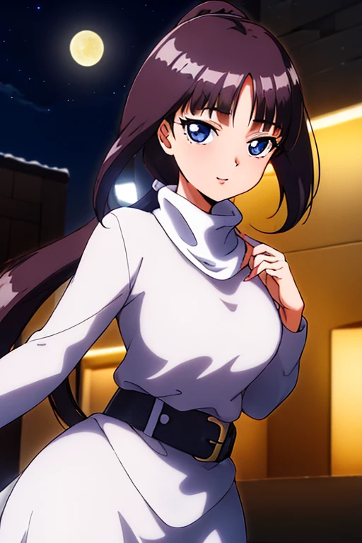 (Night:1.7), Outdoors,Full moon in the sky,dark backgrounds,Starry sky, 
standing at attention,
White turtleneck, White shirt,White long skirt,White belt,
Hair Ornament, hair scrunchie,Low ponytail, 
Long hair,Bangs, Black hair, Blunt bangs,Big blue eyes,
1 girl, 18year old,infp young woman,Beautiful Finger,Beautiful long legs,Beautiful body,Beautiful nose,Beautiful character design, Perfect eyes, Perfect face,Expressive eyes,
Looking at Viewer, In the center of the image,(上半身_Body),(Focus on her face), (Innocent_Big_Eyes:1.0),(light_Smile:0.3),
Official art,Highly detailed CG Unity 8K wallpaper, Perfect Lighting,Colorful, Bright_front_Face_Lighting,
(masutepiece:1.0),(best_quality:1.0), 超A high resolution,4K,Ultra-detailed,
Photography, 8K, nffsw, hight resolution, absurderes:1.2, Kodak Portra 400, Film grain, Blurry background, Bokeh:1.2, Lens Flare, (Vibrant_Color:1.2)
(Beautiful,breasts:1.4), (Beautiful_Face:1.5),(narrow_waist),Background with:a moon